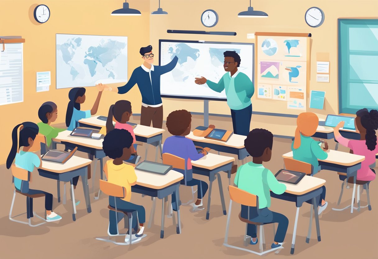 Integrating Technology into Lesson Plans Effectively: A Practical Guide for Teachers Technology LearningMole A classroom setting with students using tablets and interactive whiteboards to collaborate on a lesson. The teacher is guiding the students through the use of technology in their lesson plans