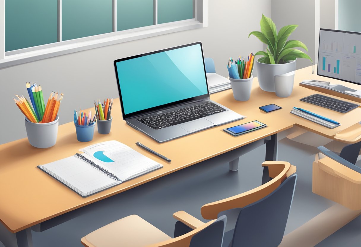 Integrating Technology into Lesson Plans Effectively: A Practical Guide for Teachers Technology LearningMole A teacher's desk with a laptop, tablet, and interactive whiteboard. Various educational materials and technology tools neatly organized for lesson planning