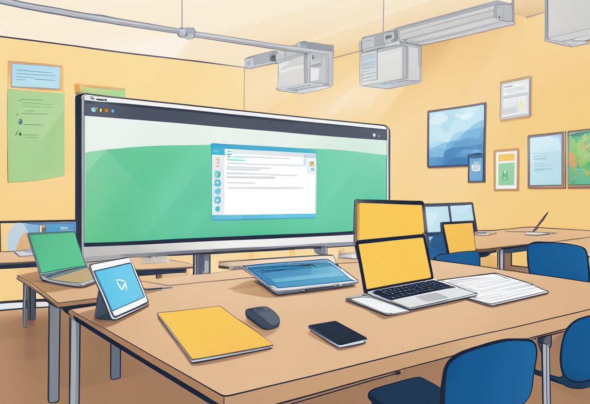 Integrating Technology into Lesson Plans Effectively: A Practical Guide for Teachers Technology LearningMole A laptop connected to a projector, displaying a lesson plan. A secure login screen is visible, while the classroom is easily accessible for all students