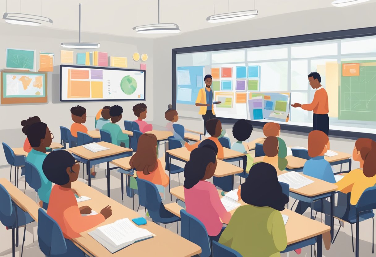 A classroom with diverse seating arrangements, interactive technology, and hands-on learning materials. The teacher is facilitating group discussions and guiding students through collaborative activities