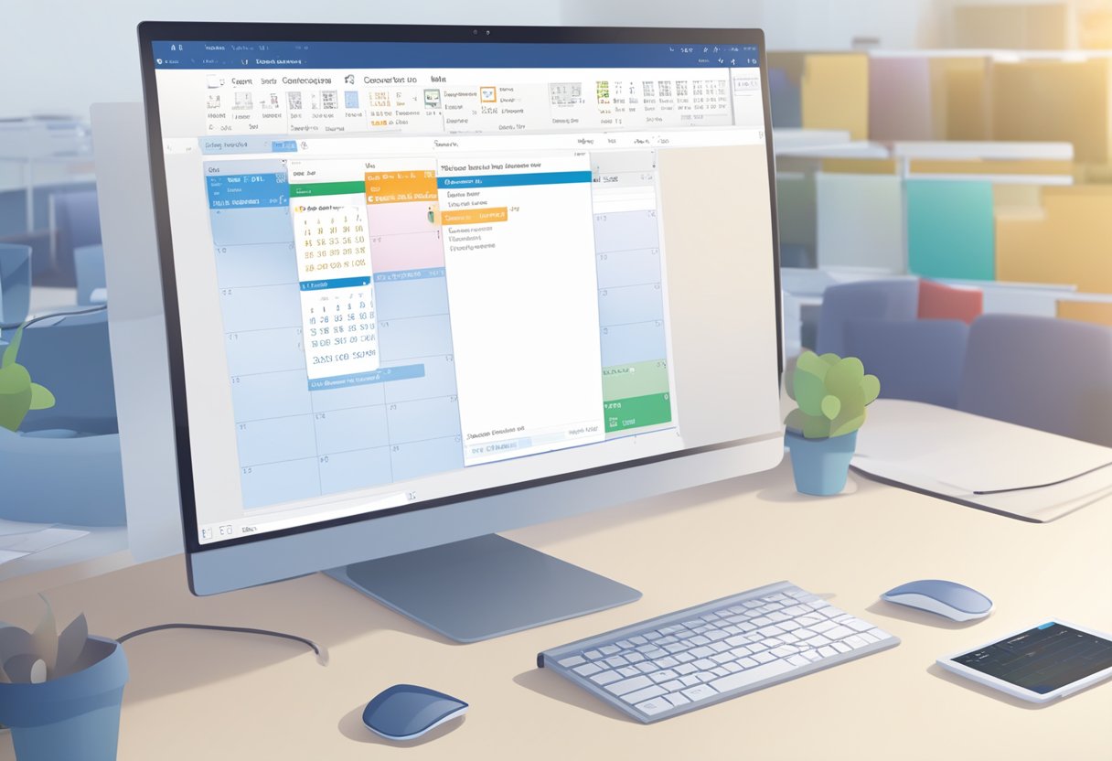 A computer screen with the Outlook calendar open, showing the process of adding a schedule with the cursor clicking on the "Add" button