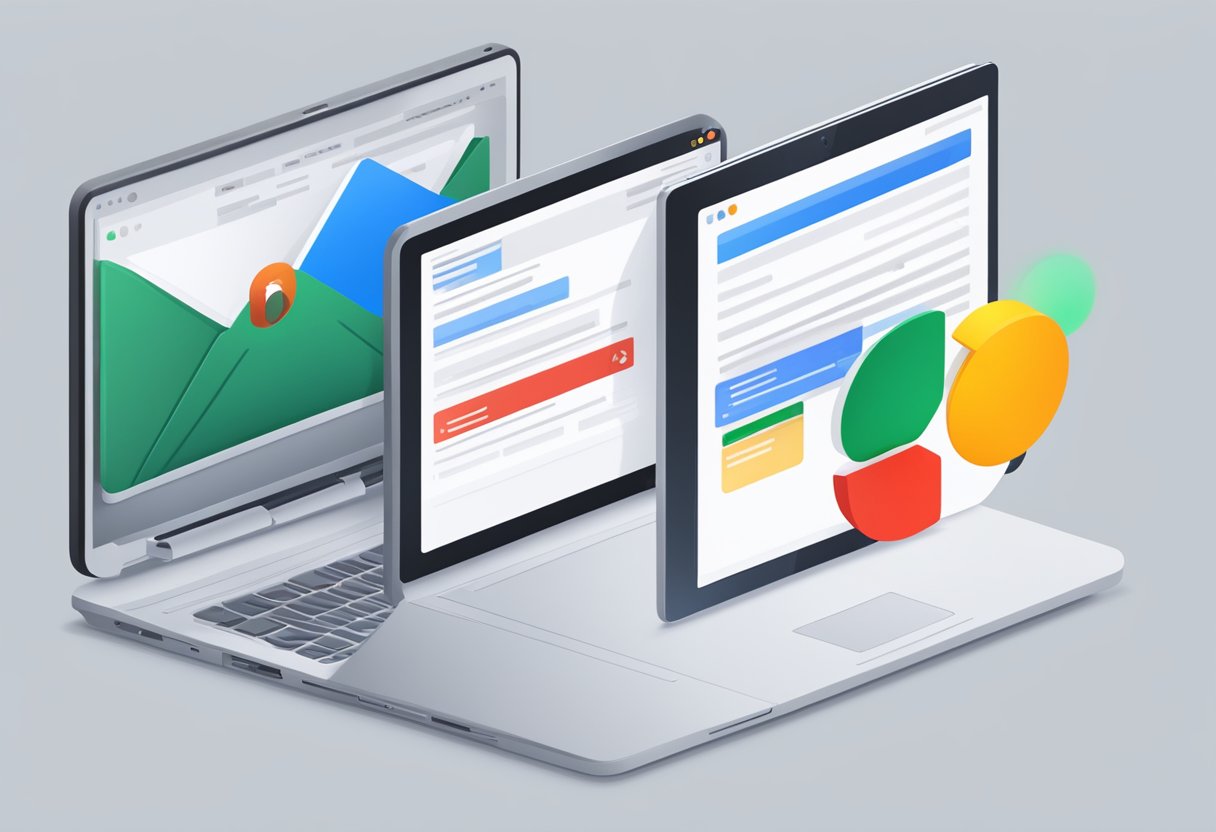 An open laptop with an email inbox displayed on the screen, showing a red dot notification on the Outlook icon