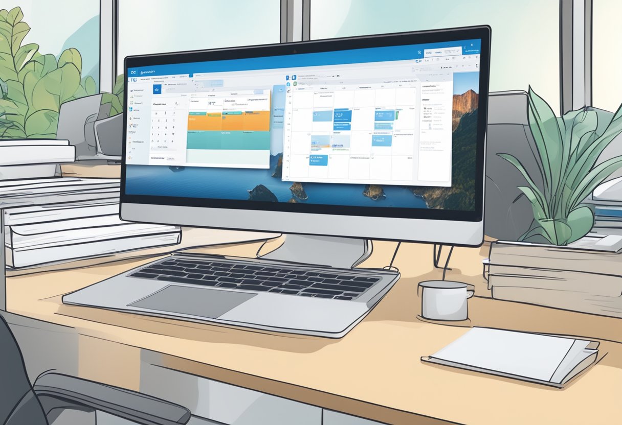 A computer screen displaying both Salesforce and Outlook interfaces, with arrows indicating seamless syncing of calendar events