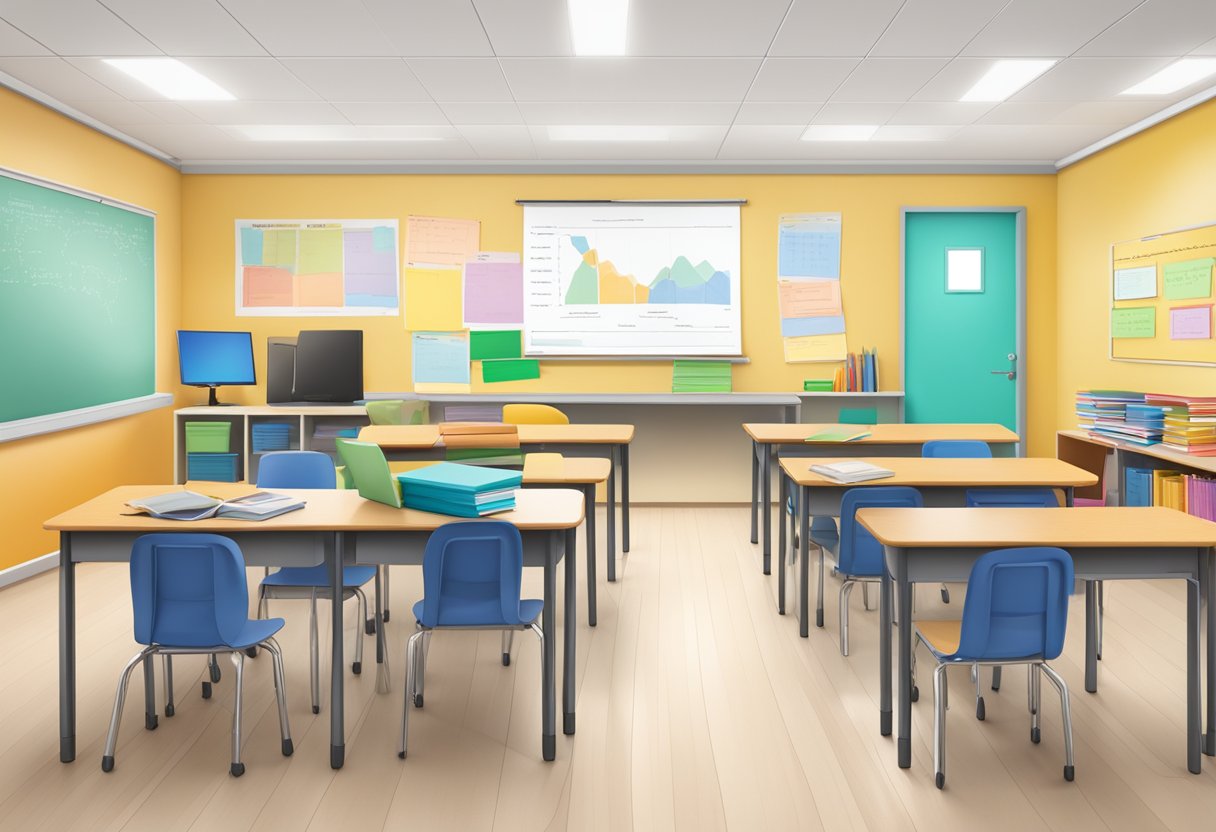 A classroom with diverse learning materials and pathways, with ongoing assessment tools integrated into lesson plans