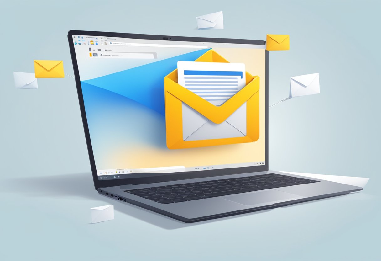 An open laptop with the Outlook email interface displayed, with the "important" flag icon highlighted and a cursor hovering over it