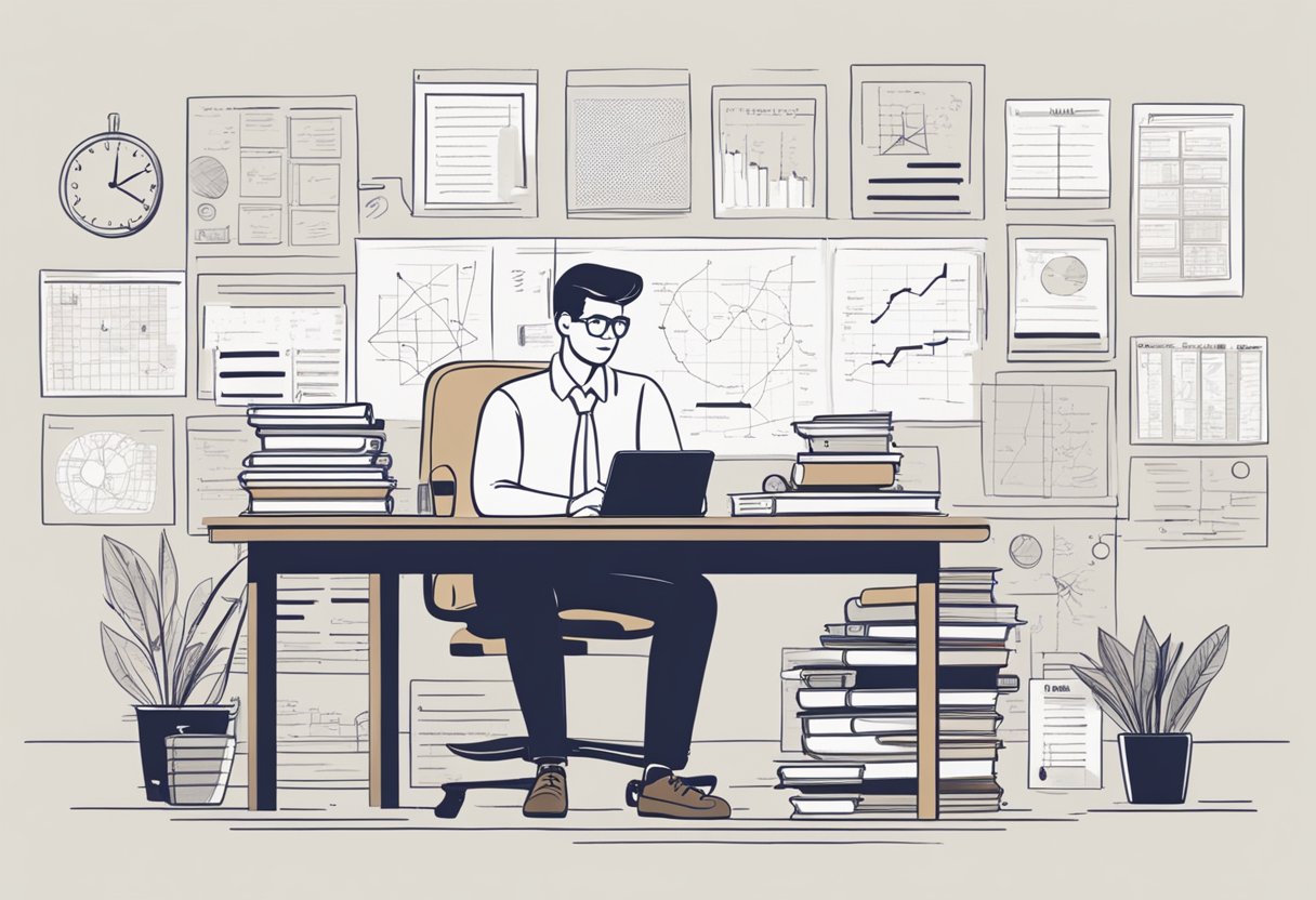 A teacher sits at a desk, surrounded by textbooks and lesson plans. Charts and diagrams cover the walls, showing connections between different subject areas