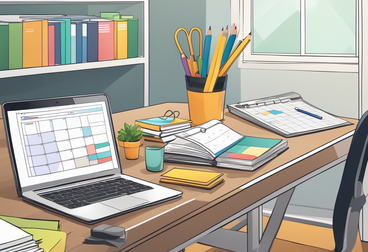 A teacher's desk with lesson plans, a calendar, and a laptop open to a progress tracking spreadsheet. Books and materials for multiple subjects are stacked nearby