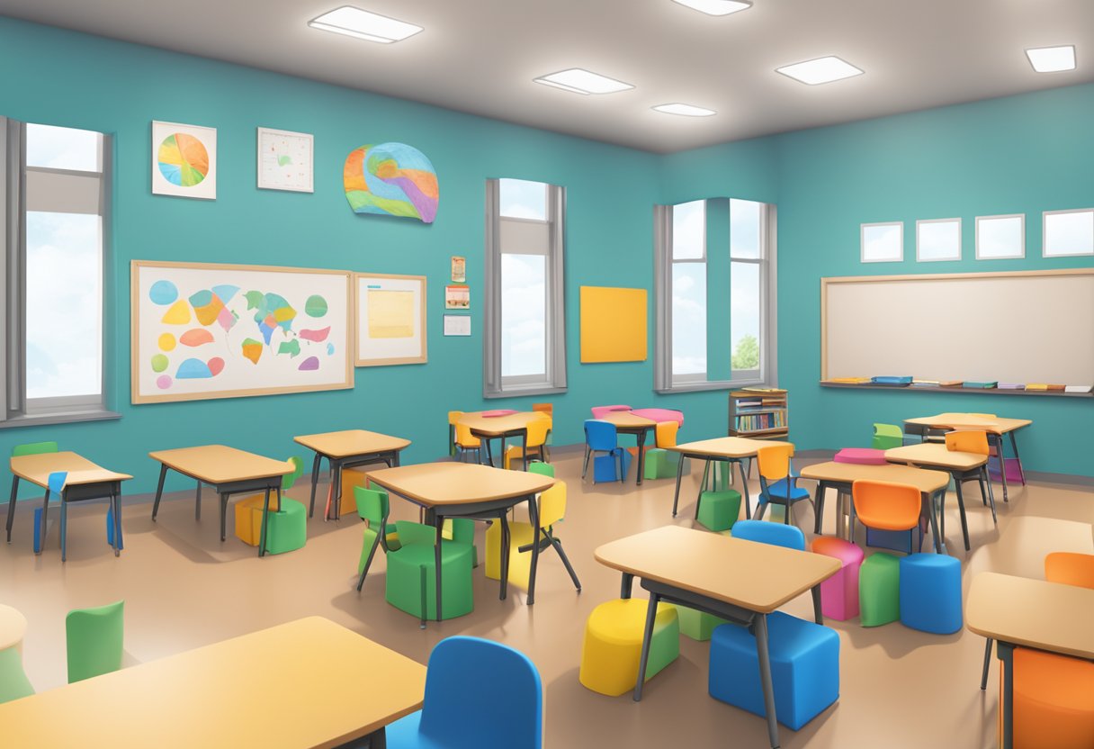 A classroom with diverse learning materials and flexible seating options, allowing for visual, auditory, and kinesthetic learning styles