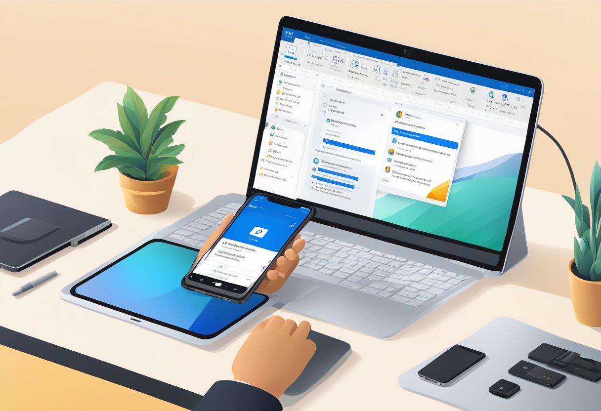A computer screen with the Outlook application open, showing the process of setting up automatic replies. An iPhone with the Outlook app is also displayed, with the user navigating through the out of office settings