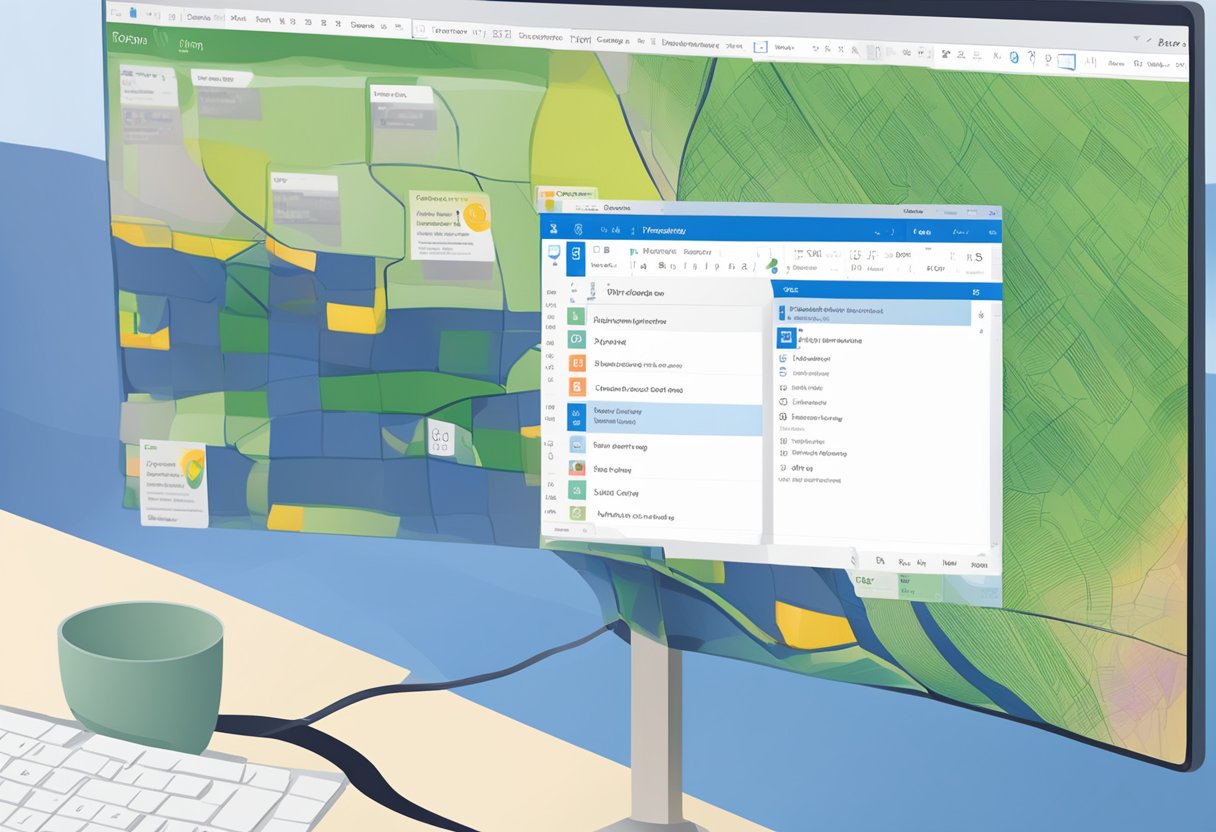 A computer screen with Outlook open, showing a calendar with appointments. A "hide cancelled meetings" option is highlighted in the settings menu