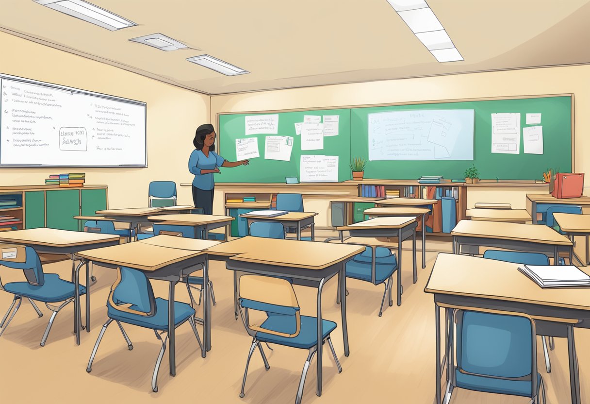 A classroom with diverse students, a teacher's desk, and a whiteboard with "Lesson Plan Flexibility and Adaptability" written on it