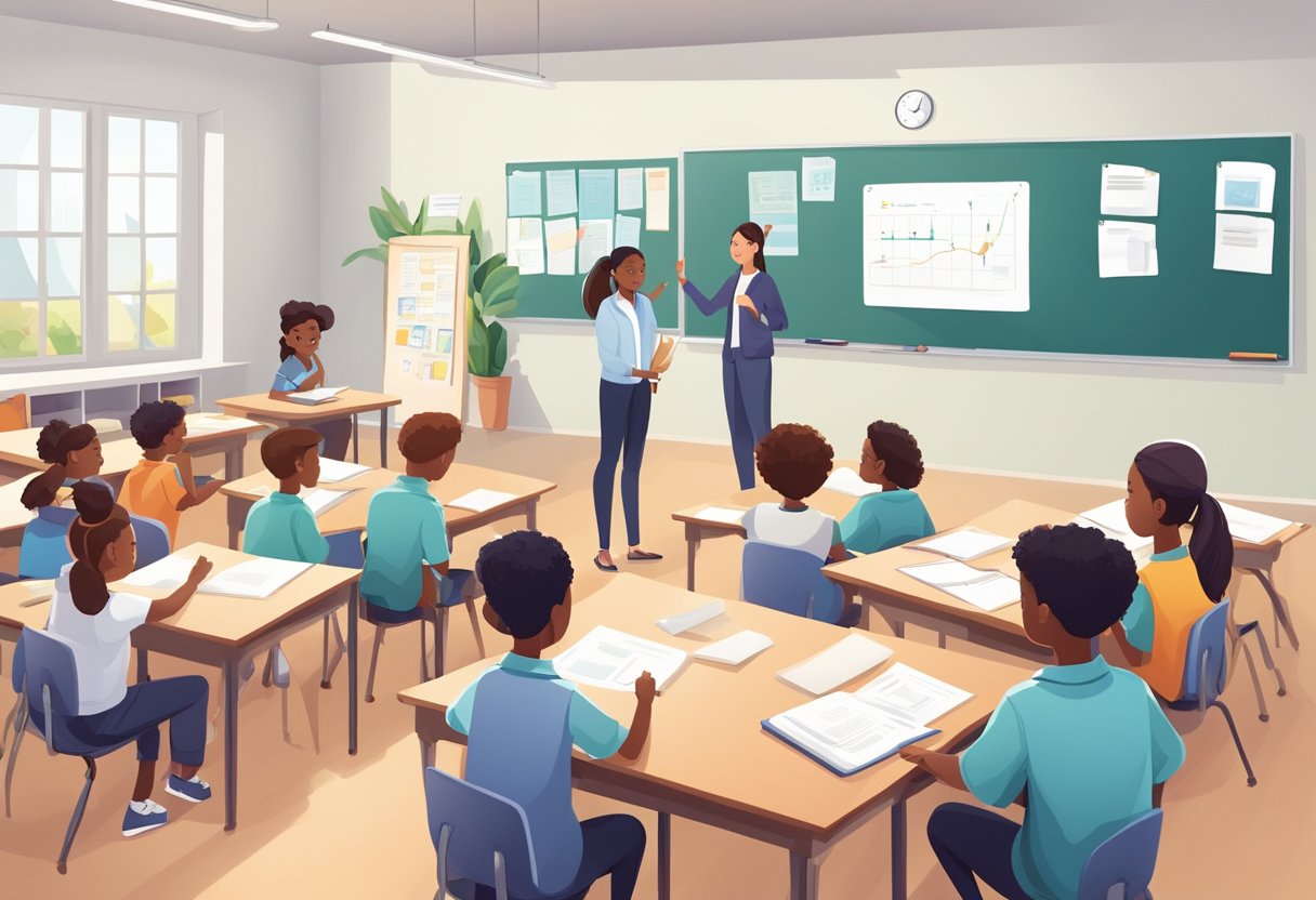 A classroom with posters of virtues and values, a whiteboard with lesson plans, and students engaged in group discussions and activities