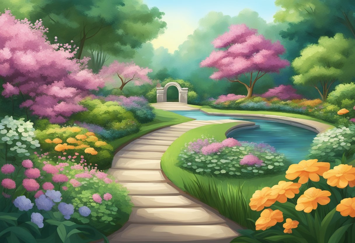 A serene garden with blooming flowers and a winding path leading to a peaceful meditation area, surrounded by lush greenery and gentle flowing water