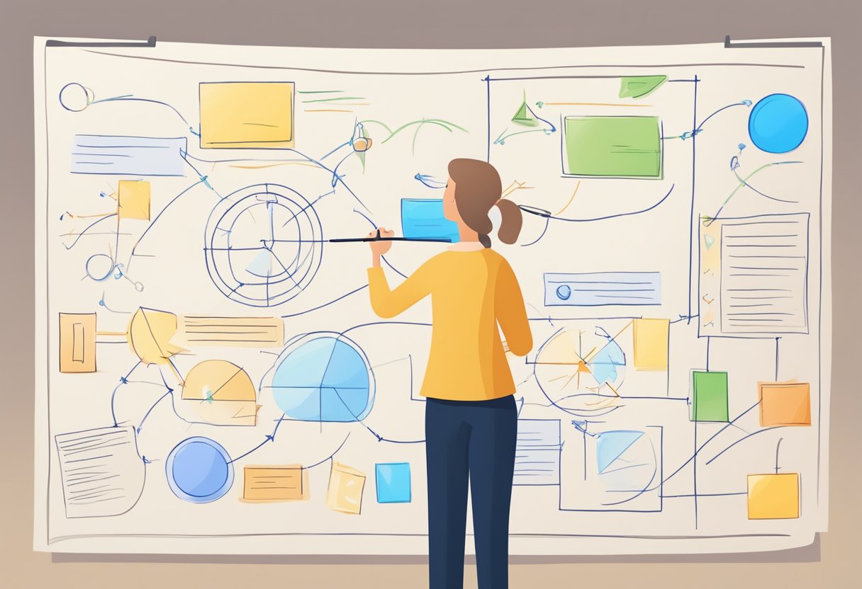 A teacher uses a graphic organizer to plan a lesson, with various shapes and lines connecting ideas and concepts