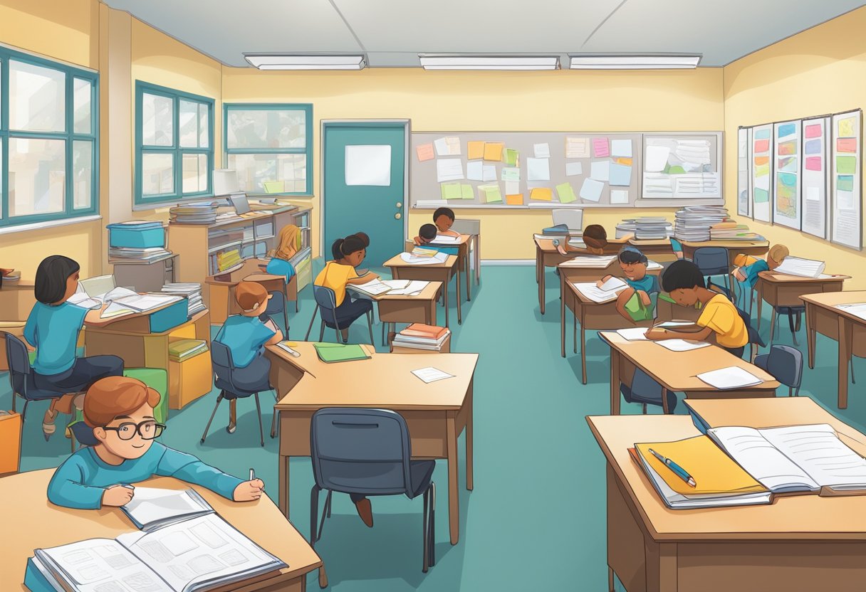 A classroom setting with students using various graphic organizers to plan and organize their lessons. Books, pens, and papers are scattered across the desks