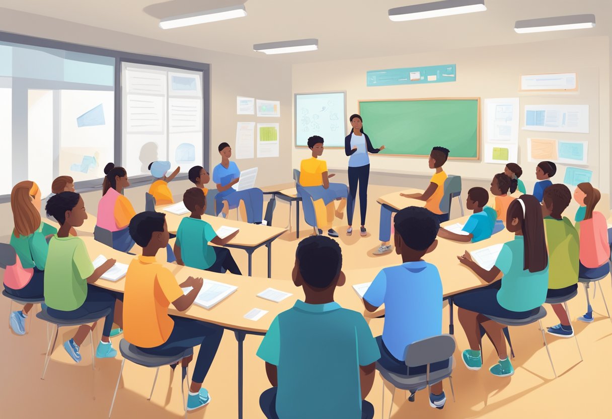 Students sit in groups, sharing materials and discussing. Lesson plan and cooperative learning principles are visible on the board