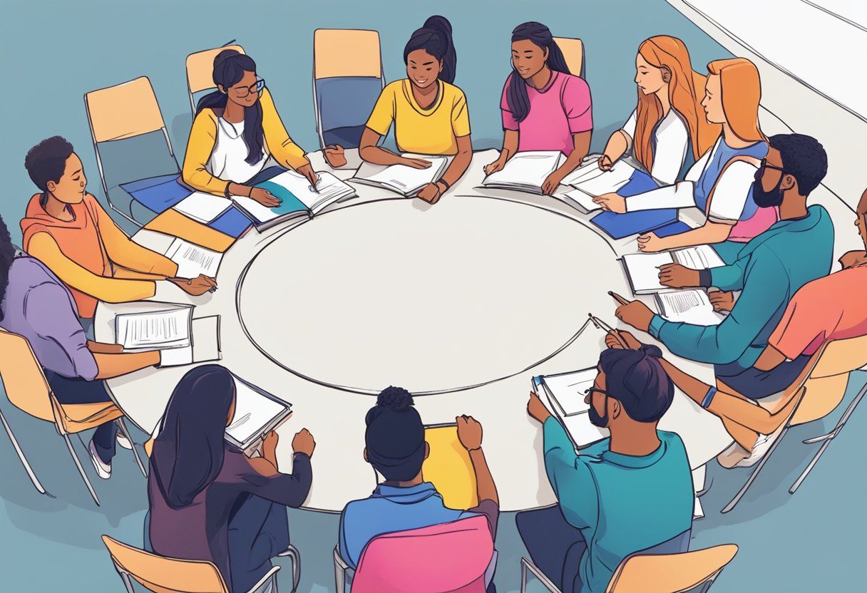 A group of students sit in a circle, each holding a different colored marker. They are engaged in a collaborative activity, sharing ideas and working together to complete a task