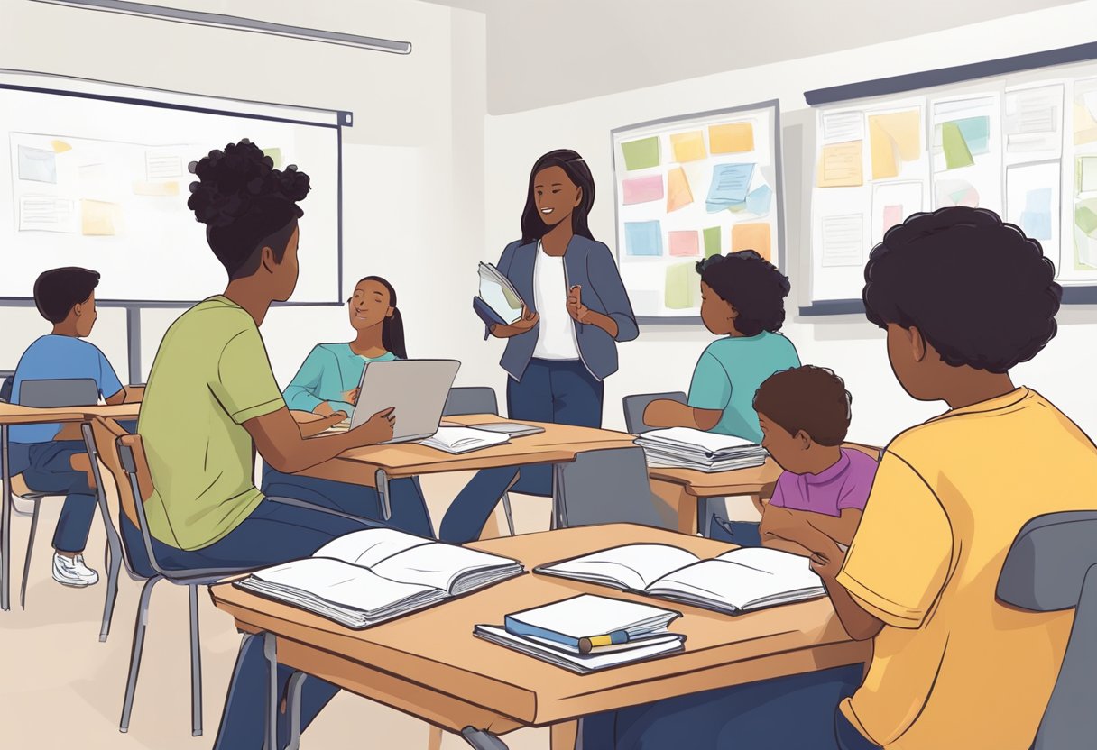 Students are gathered in small groups, engaged in collaborative activities. Materials and resources are organized and easily accessible. The teacher is facilitating discussions and guiding the learning process