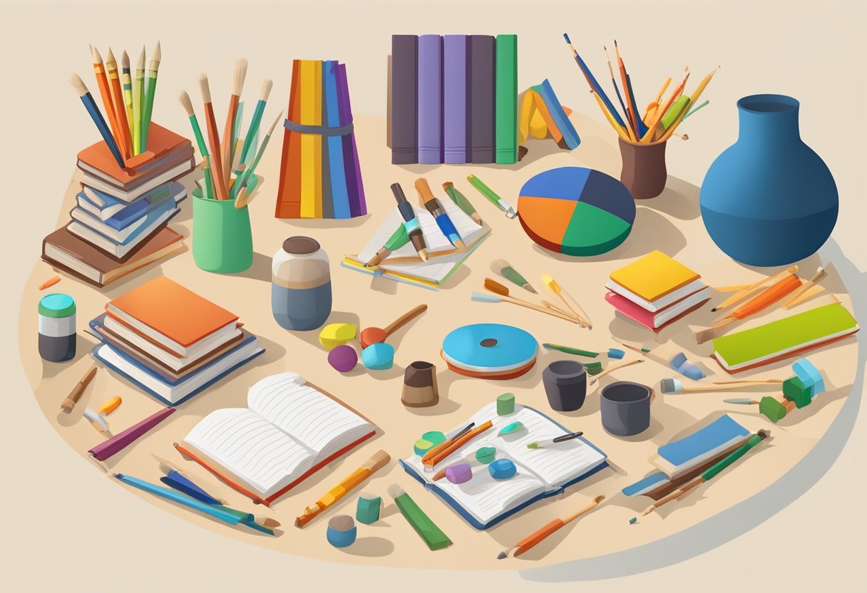 A group of diverse objects, such as books, test tubes, paintbrushes, and musical instruments, are arranged in a circle on a table, symbolizing a variety of disciplines coming together for cooperative learning