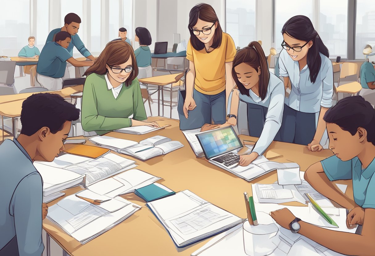 Students engaged in group activities, sharing ideas and collaborating on tasks. Varied learning materials and tools are utilized to facilitate cooperative learning