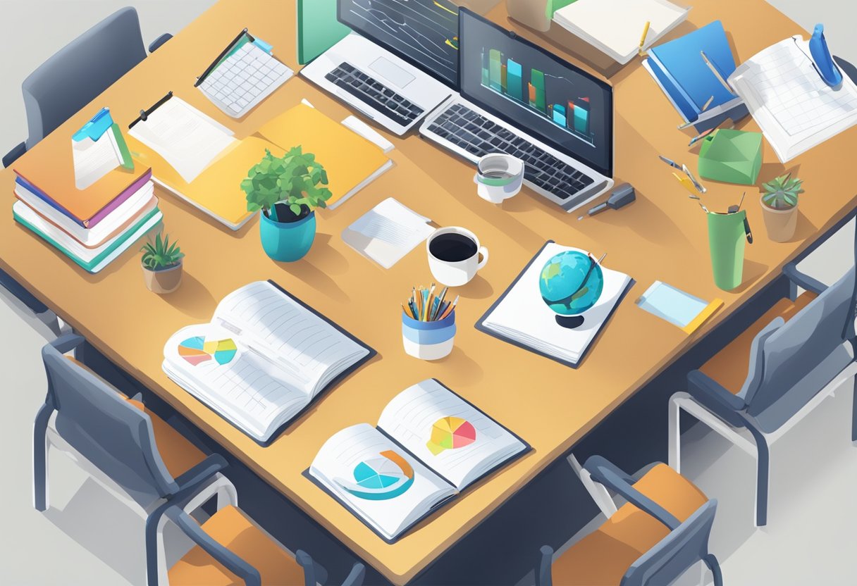 A table with various teaching resources, such as books, charts, and digital devices, surrounded by collaborative tools like whiteboards and group seating