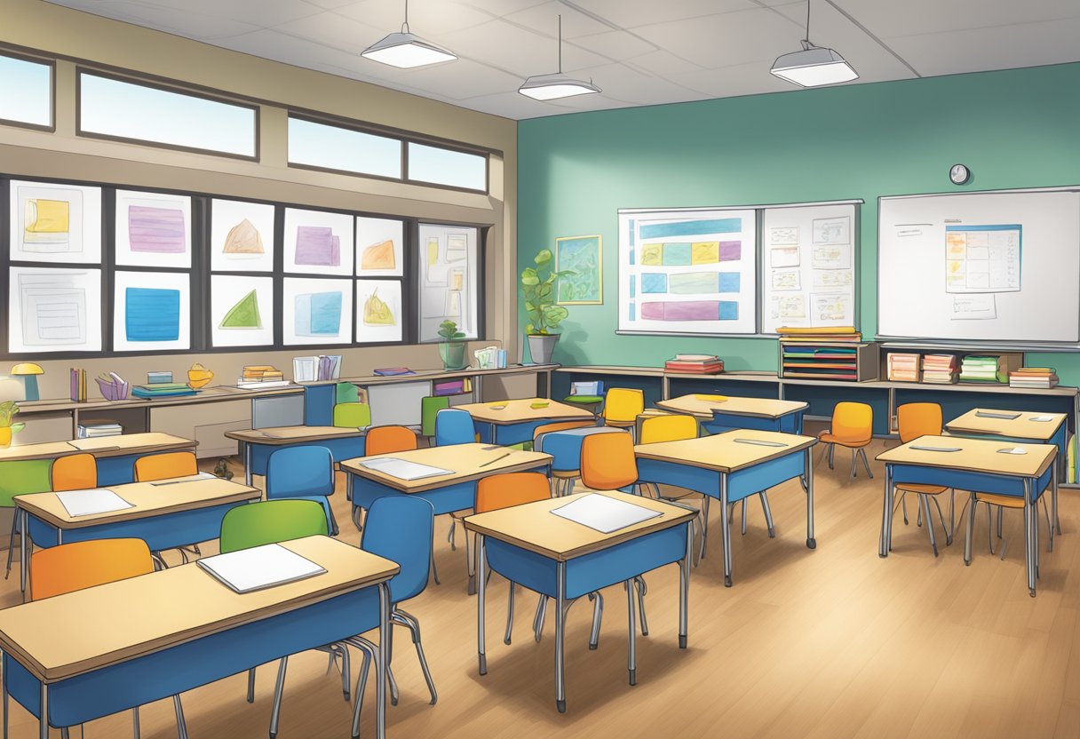 A classroom with diverse subjects on display, each with a unique HOTS-focused lesson plan. Materials and resources are organized and accessible for students