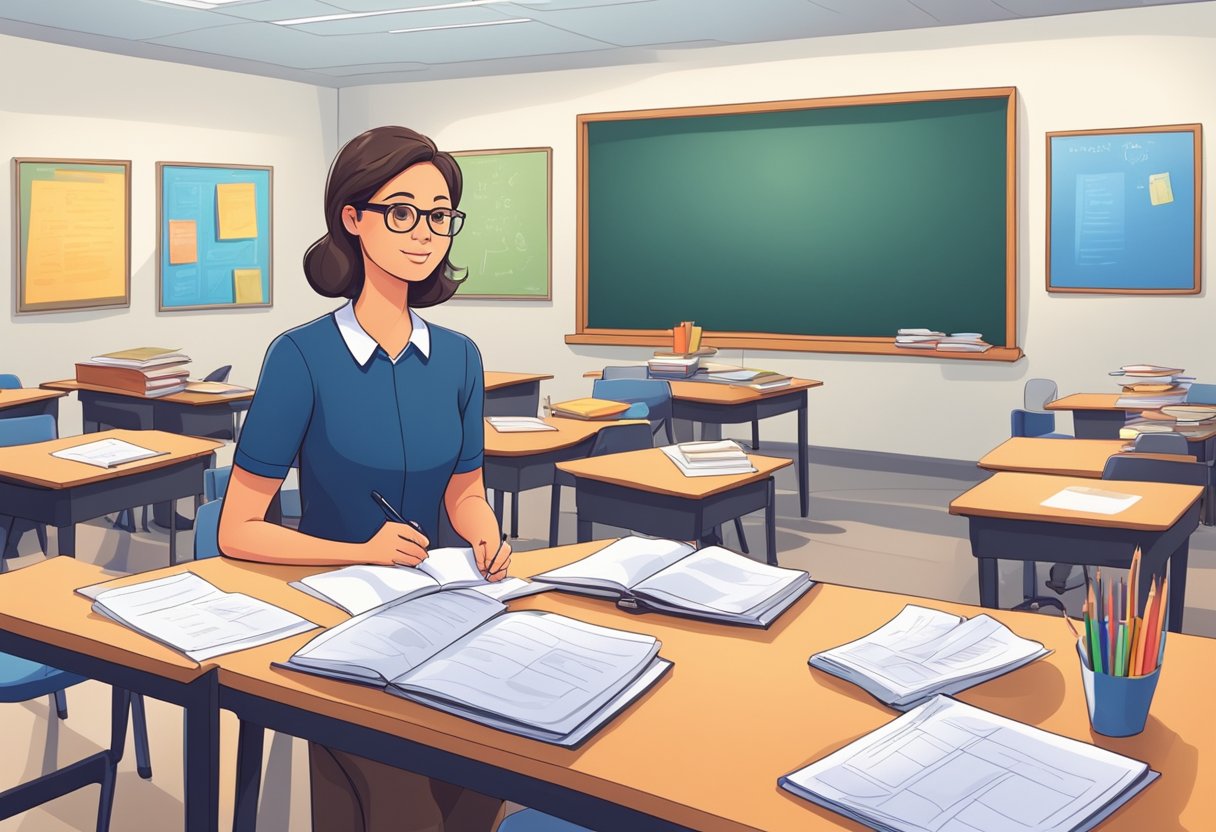 A classroom with a teacher at a desk, surrounded by lesson plans and reflective materials. A mirror reflects the teacher's thoughtful expression