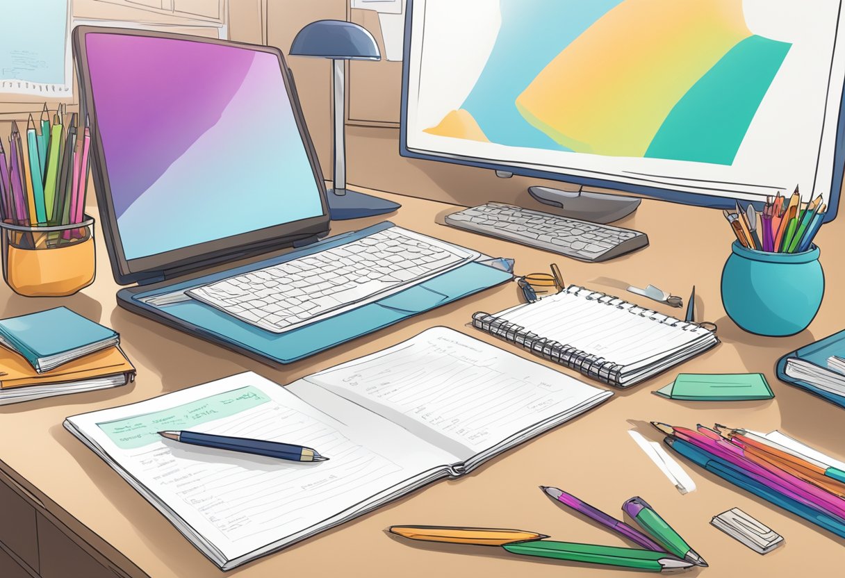 A teacher's desk with a lesson plan open, surrounded by reflective tools like a mirror, journal, and thoughtful quotes