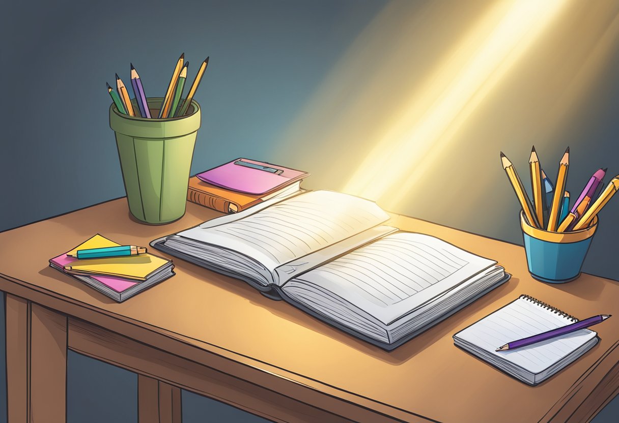 A teacher's desk with a lesson plan, a reflection journal, and a pencil. A beam of light illuminates the desk, symbolizing the power of reflection in refining lesson plans