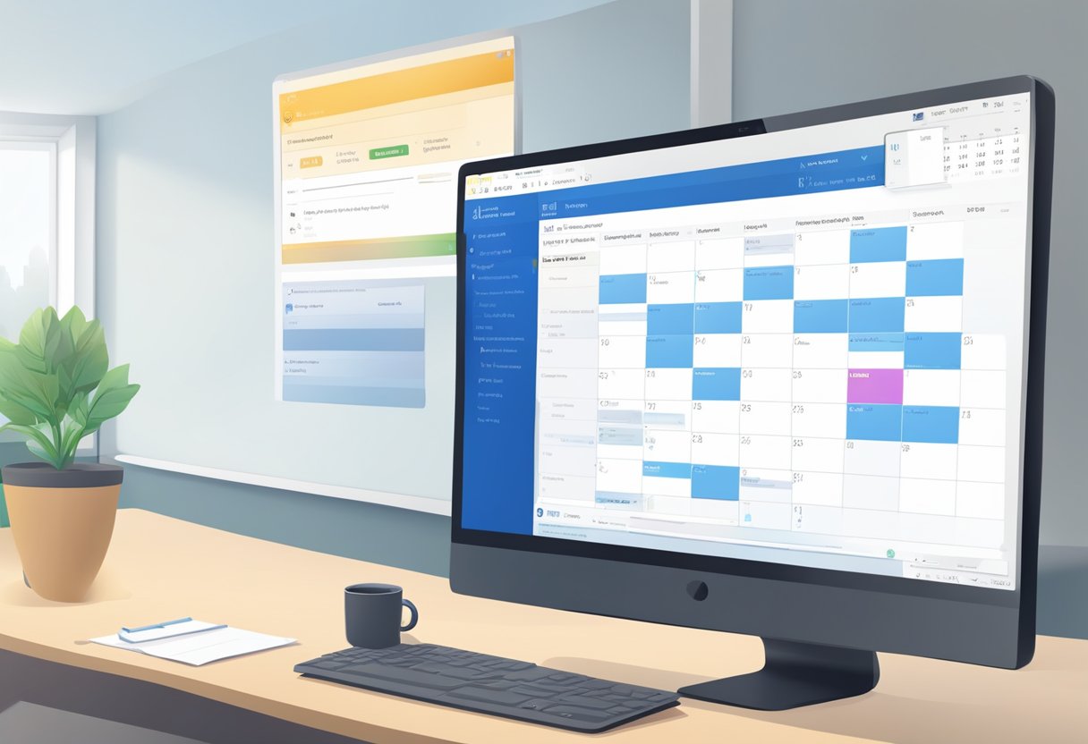 A computer screen displays Outlook calendar with meeting invitations. The user selects a declined meeting and changes the status to accepted