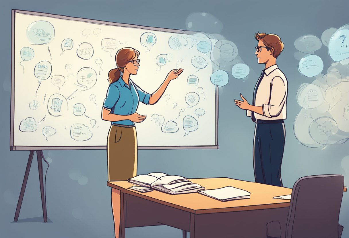A teacher standing at a whiteboard, surrounded by thought bubbles filled with questions and answers, with a beam of light reflecting off the board