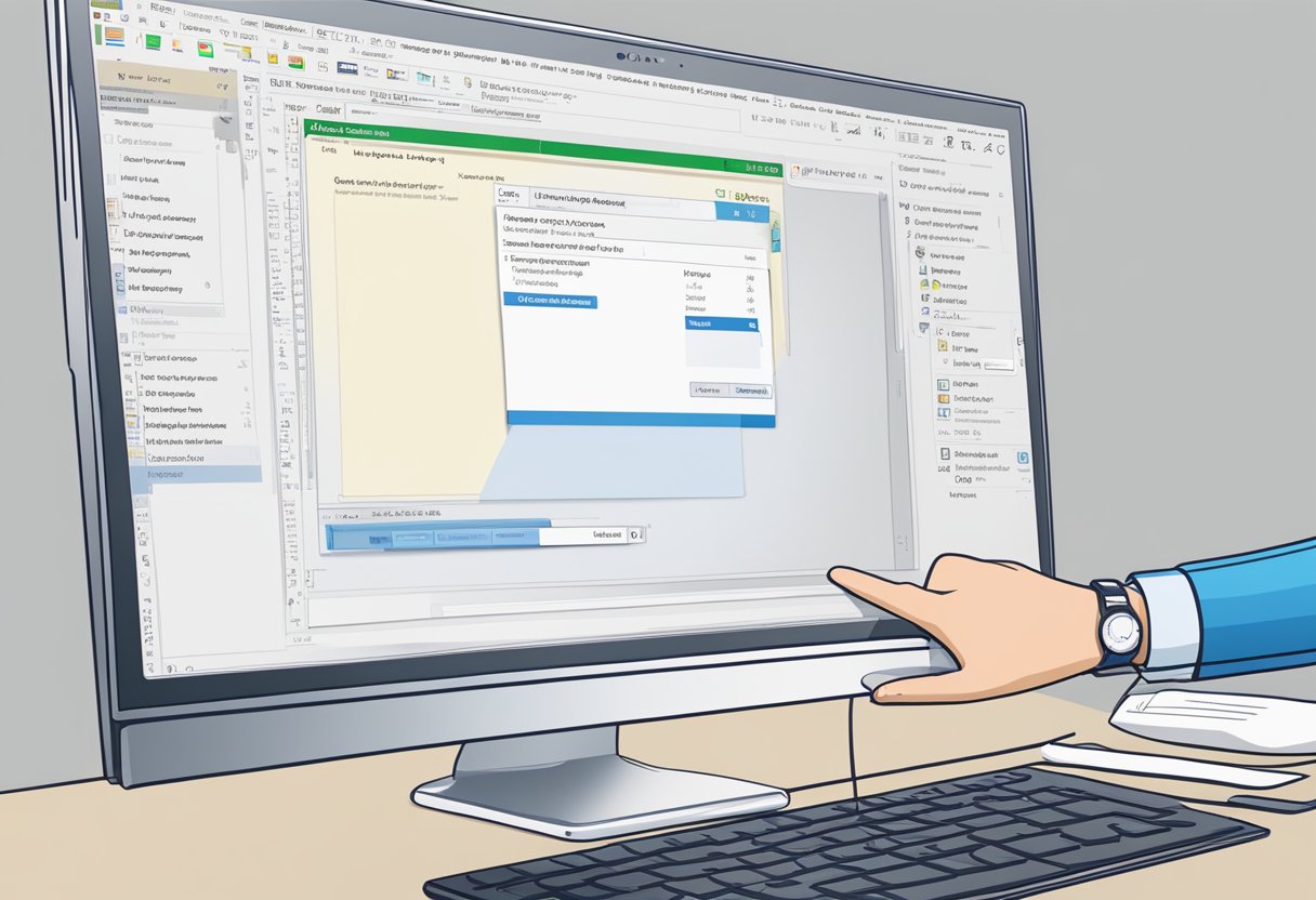 A computer screen with the Outlook email interface open, showing the margins settings being adjusted. The cursor is clicking on the margin options