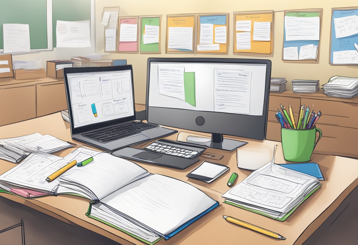 A teacher's desk with lesson plan books open, surrounded by brainstorming notes and a whiteboard with essential questions written on it