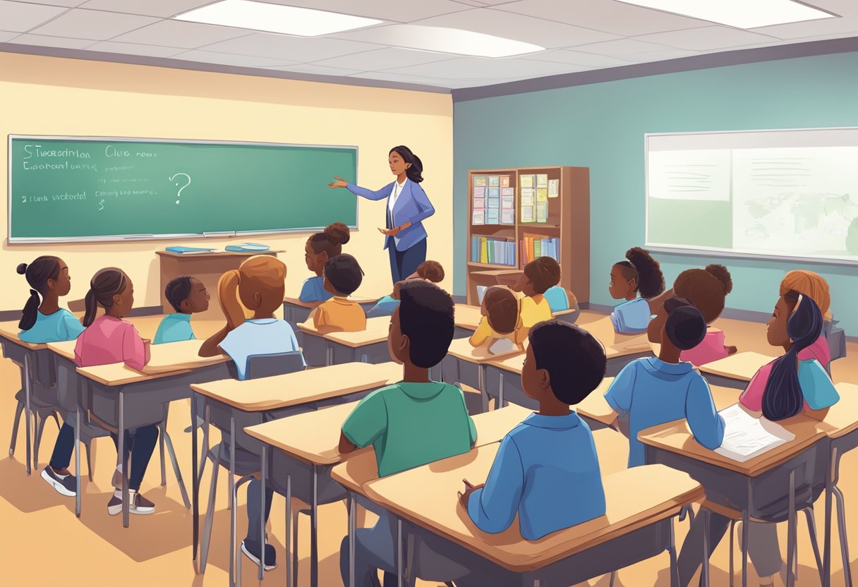 A classroom setting with students engaged in discussion around essential questions, while a teacher uses essential questions to guide lesson planning