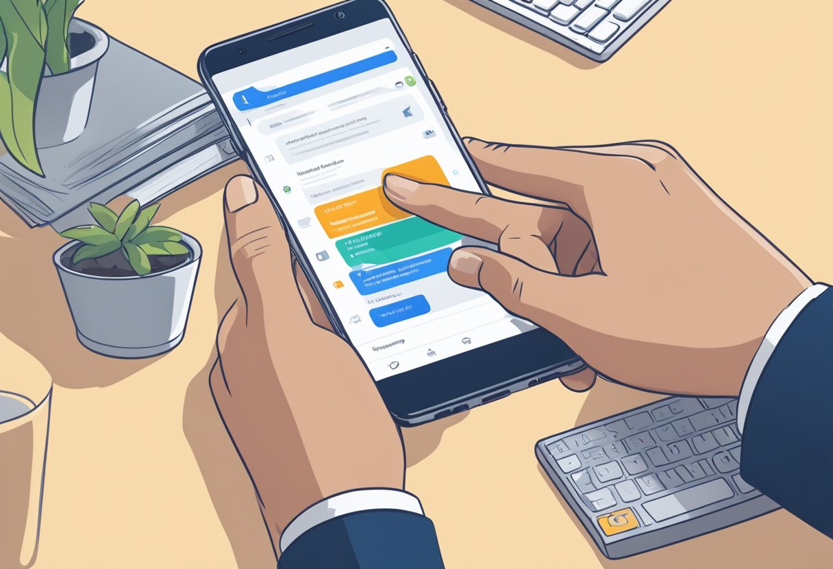 A hand holding an Android phone, tapping the screen to set up Outlook. Another hand swiping through the phone's settings to uninstall the app