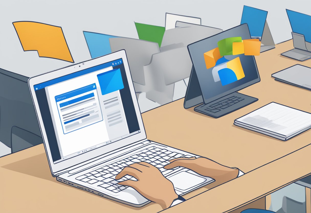An open laptop displaying the Microsoft Outlook interface with a file selected. A cursor hovers over the "Insert Link" button