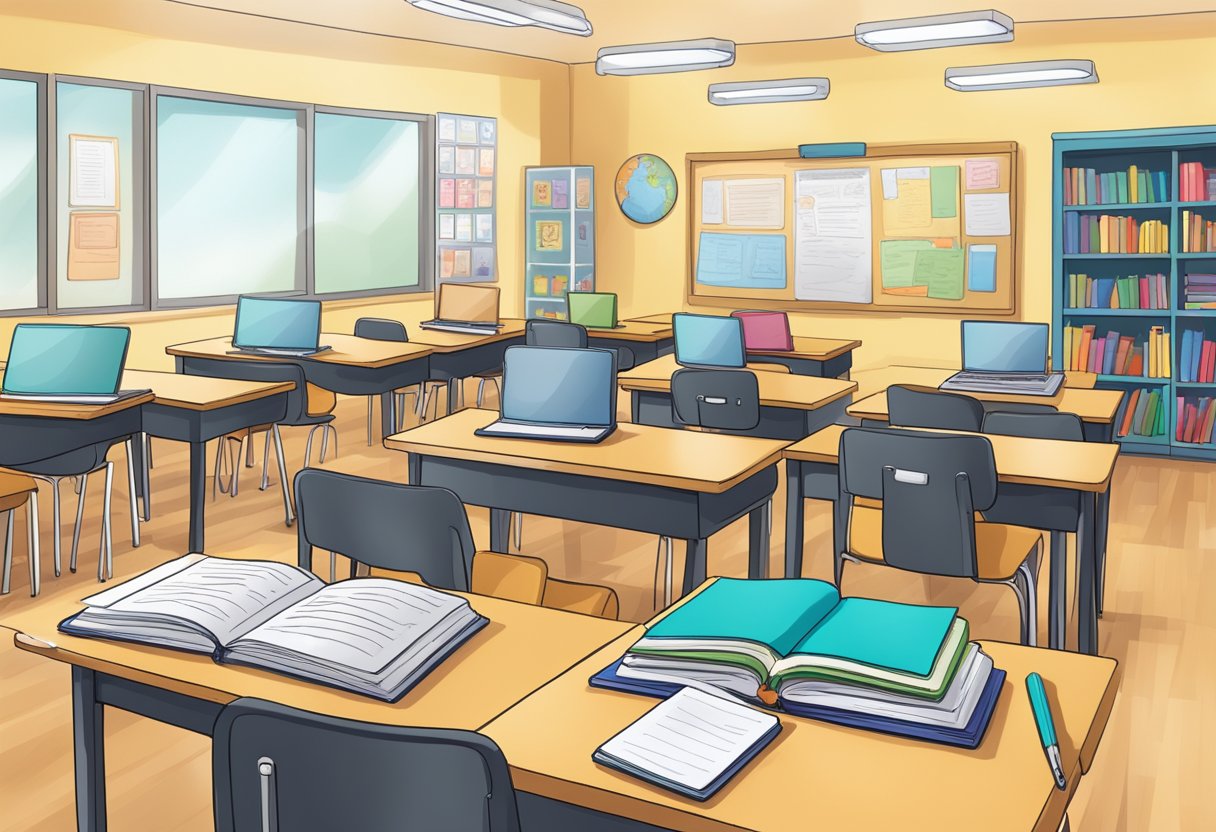 A classroom filled with diverse and engaging learning materials, including advanced textbooks, technology tools, and creative projects for gifted students