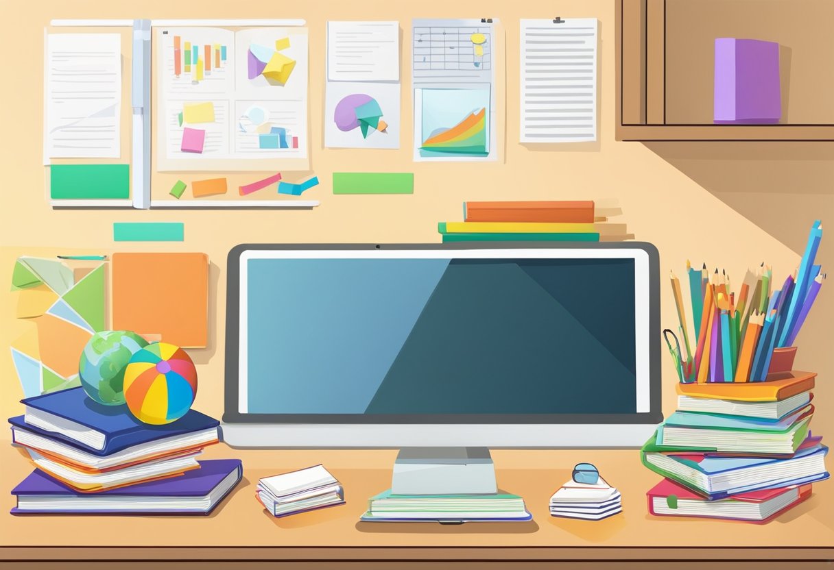 A teacher's desk with a stack of books, a laptop, and colorful lesson plan materials spread out. A whiteboard with brainstorming notes and a poster on gifted education