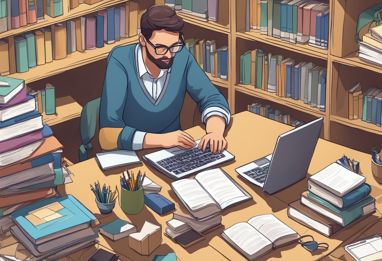 A teacher uses a computer to research and plan lessons for gifted students, surrounded by books and educational resources