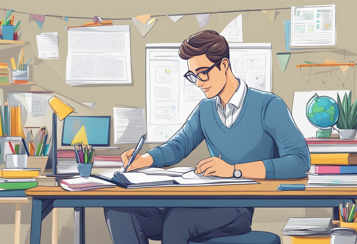 A teacher sits at a desk, writing out lesson plans on a whiteboard, surrounded by digital devices and educational materials