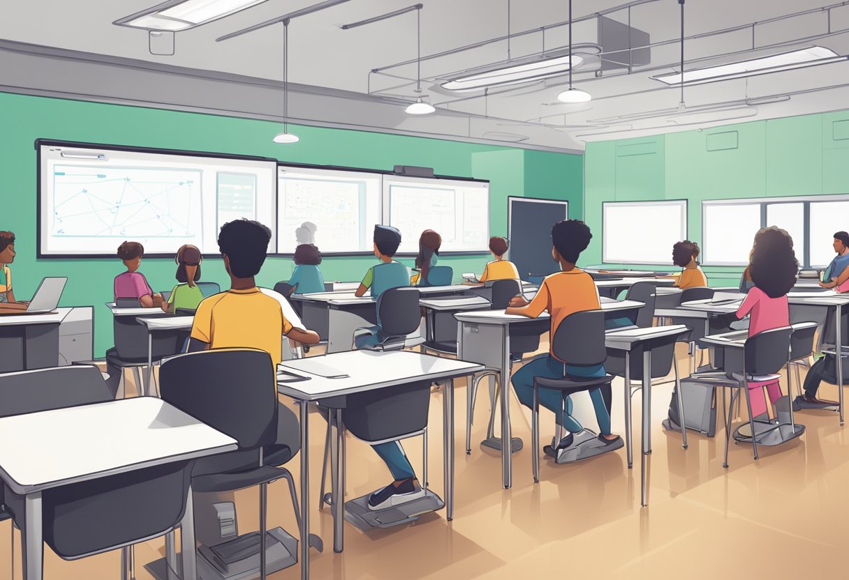 Lesson Planning for Flipped Classroom Instruction: 10 Effective Strategies for Engaging Students Flipped classroom LearningMole A classroom with desks arranged in groups, a whiteboard at the front, and technology such as laptops or tablets on each desk. An instructor is moving around, engaging with students