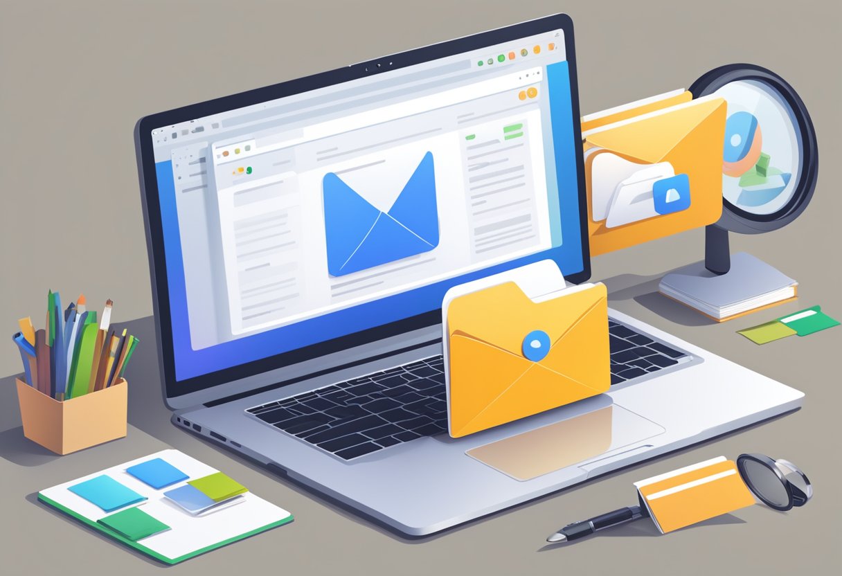 An open laptop with an organized Outlook inbox on the screen, with folders and emails neatly sorted. A magnifying glass hovers over the search bar