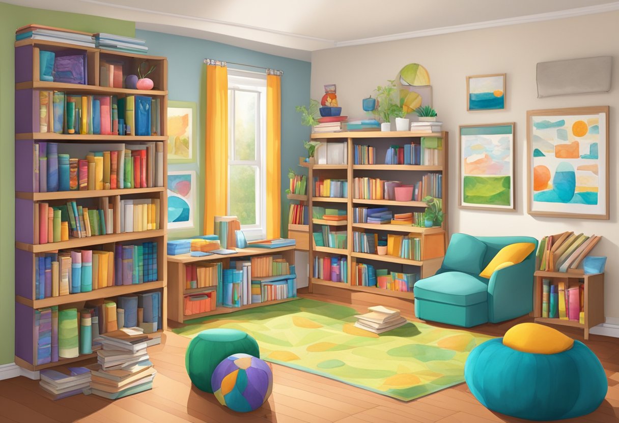 A cozy home with a designated learning area, filled with books, art supplies, and educational materials. A variety of seating options and a colorful, organized space that reflects the student's interests and preferences