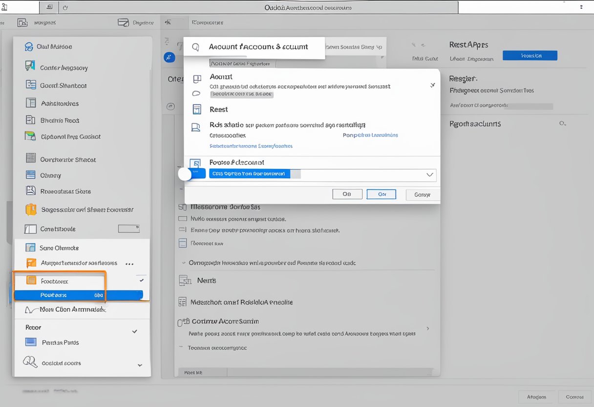 Outlook app screen with "Reset Account" option highlighted in settings menu