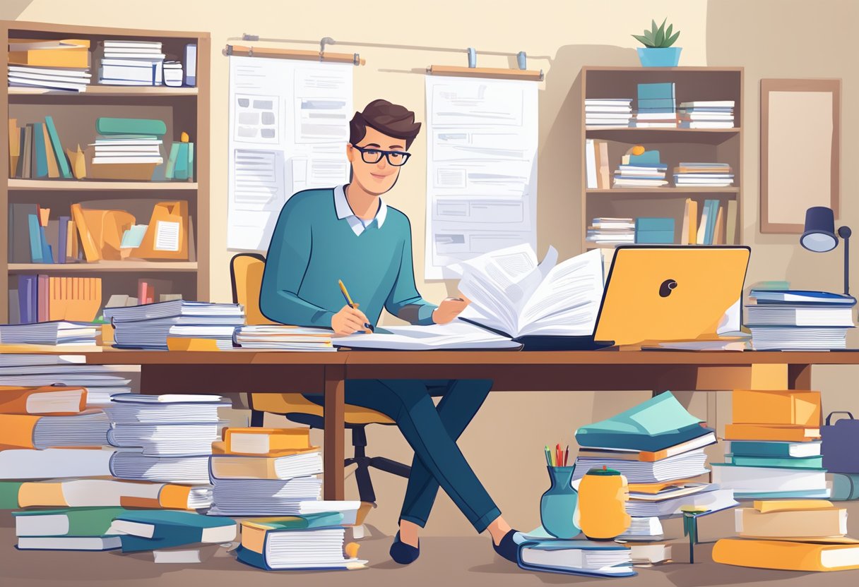 A teacher sits at a desk surrounded by papers and books, brainstorming and organizing lesson plans for a project-based learning curriculum