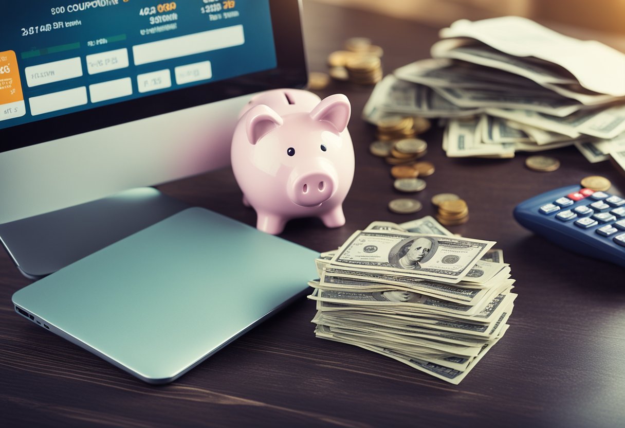 A table with a stack of coupons, a pair of scissors, and a calculator. A laptop displaying a couponing website. A smiling piggy bank overflowing with coins