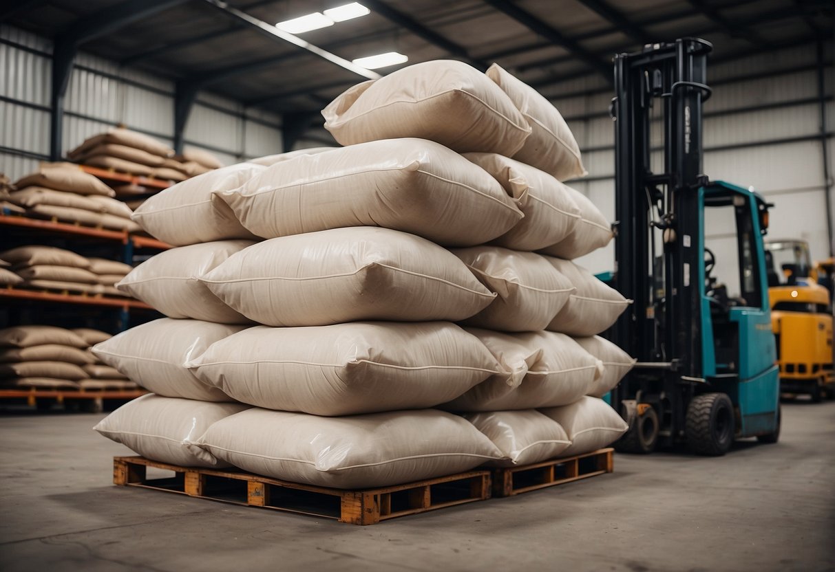 A stack of vaal bulk bags sitting in a warehouse, surrounded by forklifts and industrial equipment