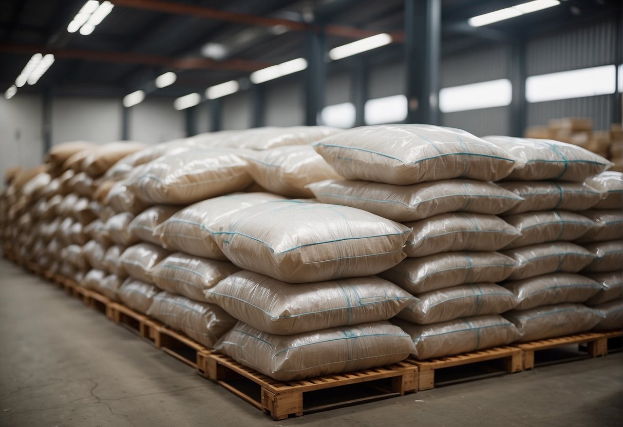 A warehouse filled with stacks of Vaal Bulk Bags, labeled and organized for shipping