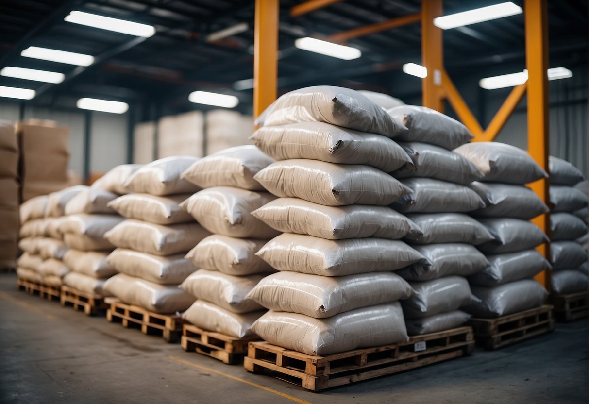 A warehouse filled with stacks of durable Vaal bulk bags, ready for transportation and storage. The bags are labeled with sustainability certifications and symbols