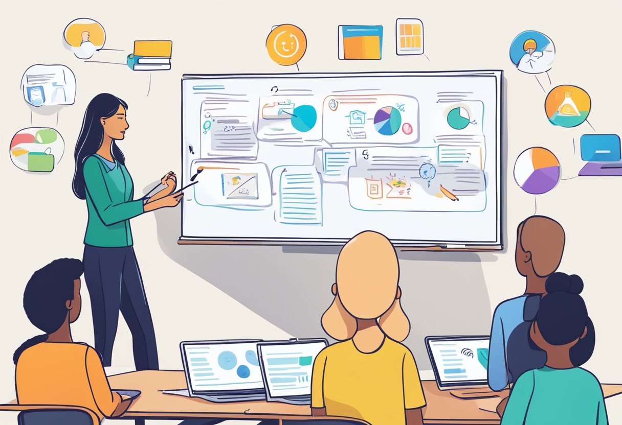A teacher writes UDL objectives on a whiteboard, surrounded by diverse learning materials and technology